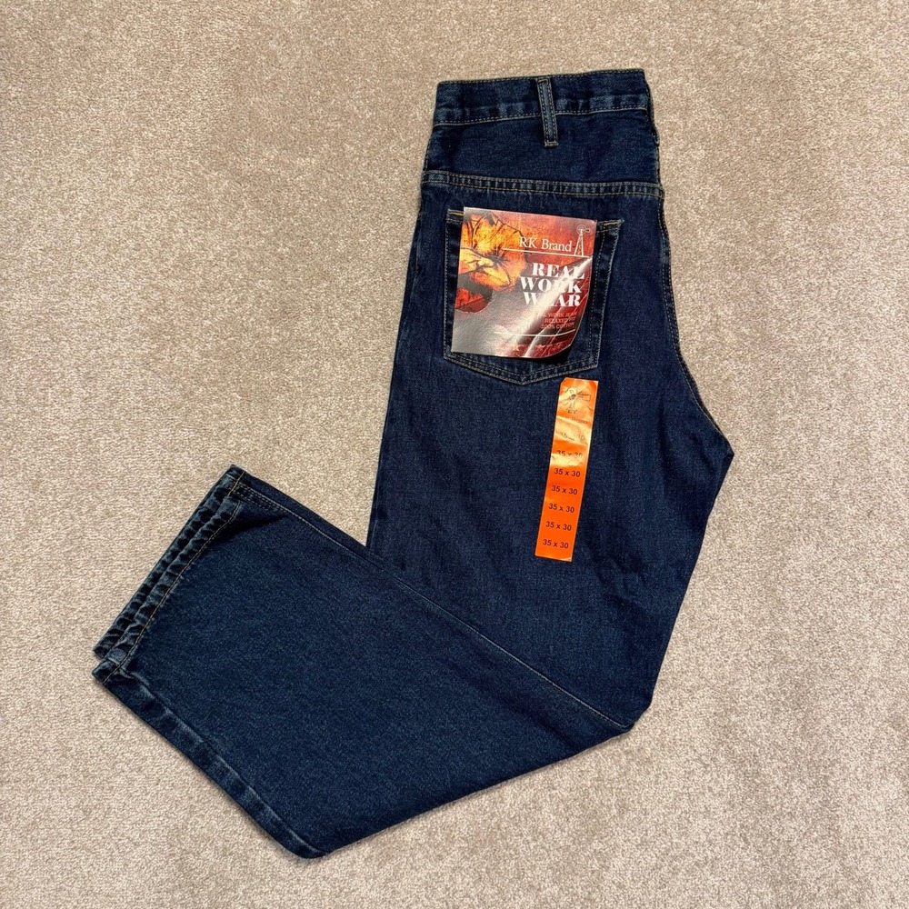 RK Brand Real Work Wear Jeans Men 35x30 Blue Relaxed Fit 100%‎ Cotton Denim